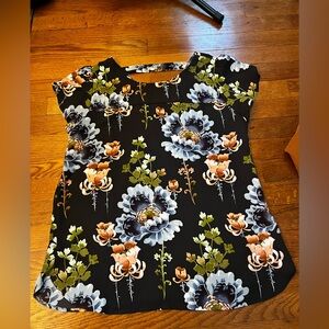 LOFT Black Floral Blouse with Blue and Orange Accents
